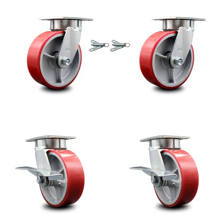 Service Caster 6 Inch Kingpinless Red Poly on Steel Wheel Caster Swivel Locks 2 Brakes, 2PK SCC-KP30S620-PUR-RS-BSL-2-SLB-2
